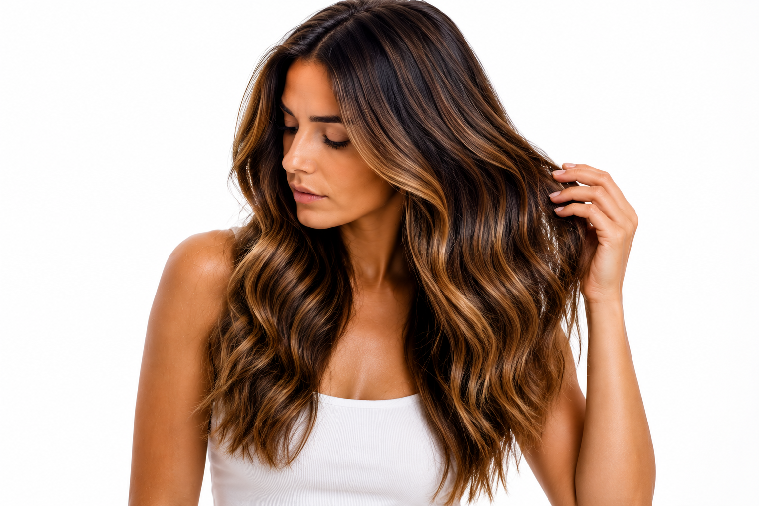 Υγιές καστανό balayage με φυσική λάμψη και κίνηση σε λευκό φόντο.